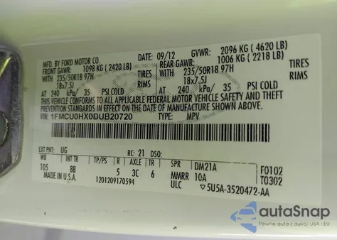 2013 Ford Escape Sel из США, поврежденный, VIN 1FMCU0HX0DUB20720